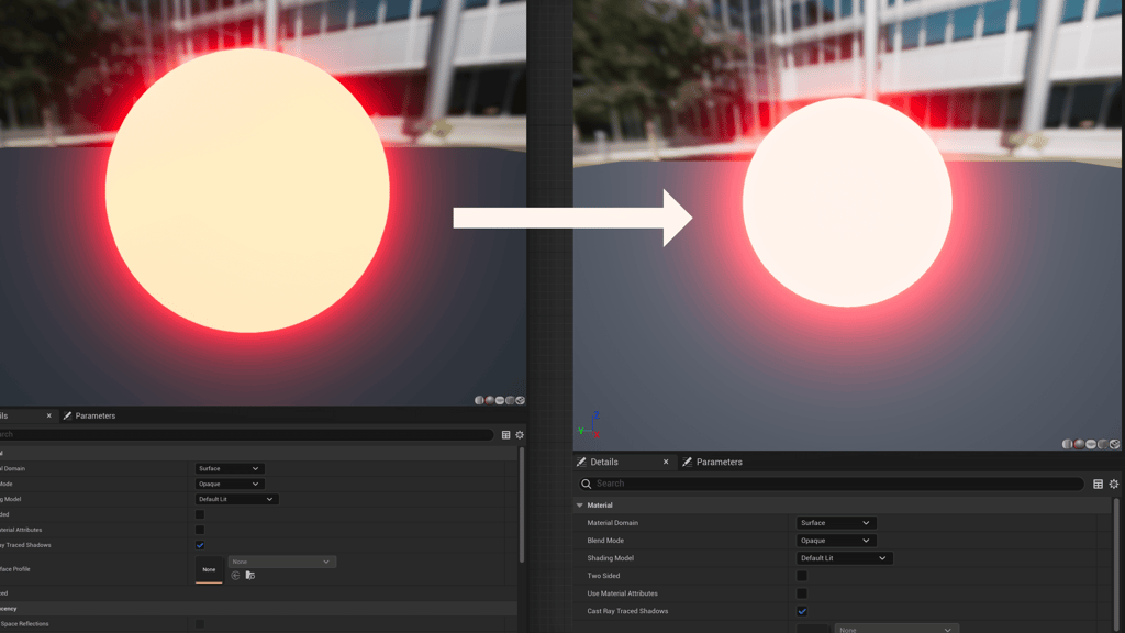 Unreal Engine 5 orange glowing material to a red glowing material