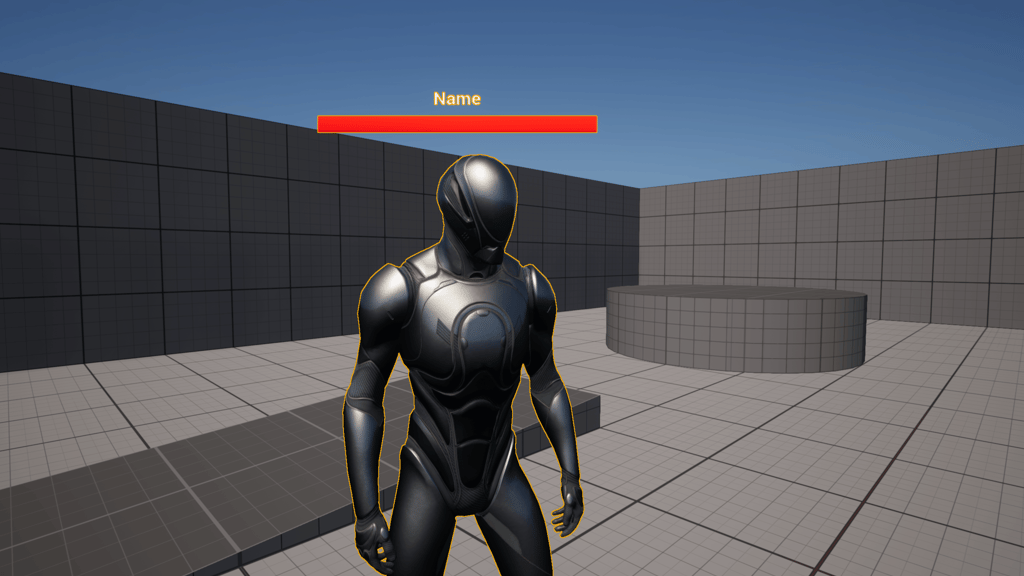 Unreal Engine 5 Manny with a basic widget component above his head with a name and red progress bar