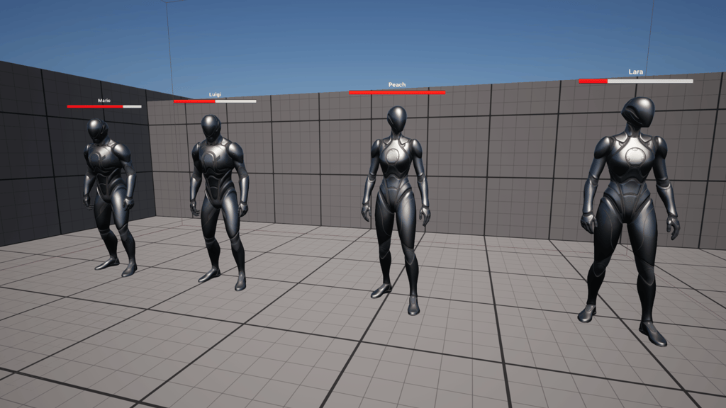 Unreal Engine 5 two Manny and two Quinn skeletal mesh blueprints standing in a line with different names and health percentages