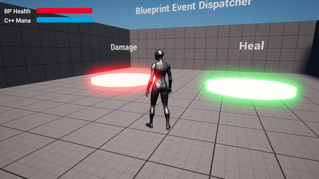 Unreal Engine 5 Blueprint event dispatcher playground level with damage and healer platforms