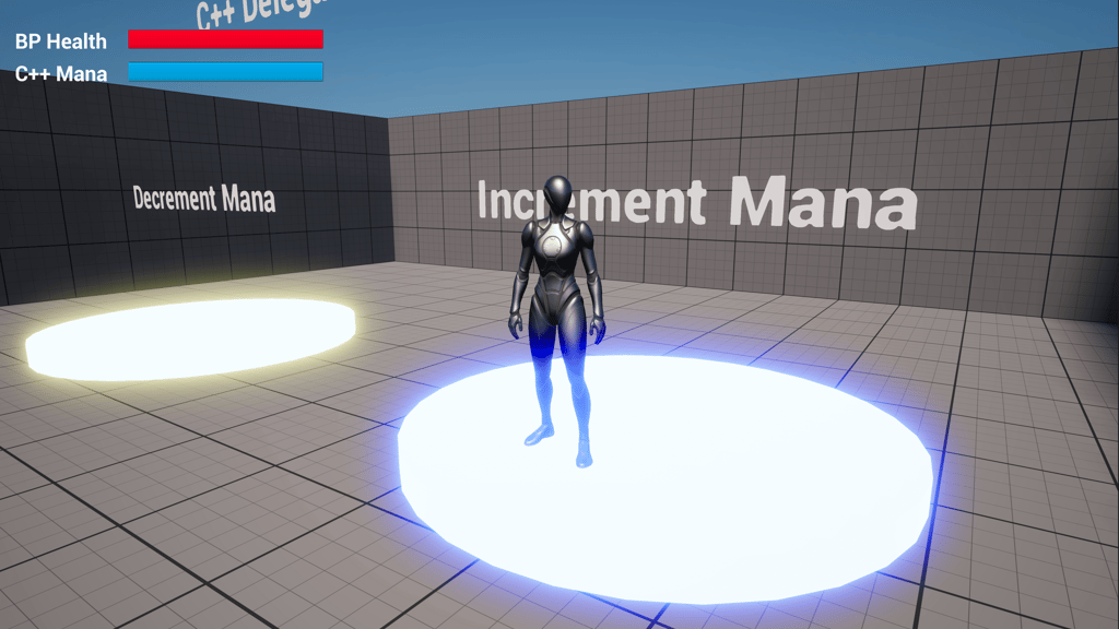 Unreal Engine 5 Quinn mannequin standing on the increment mana platform inside the delegate playground