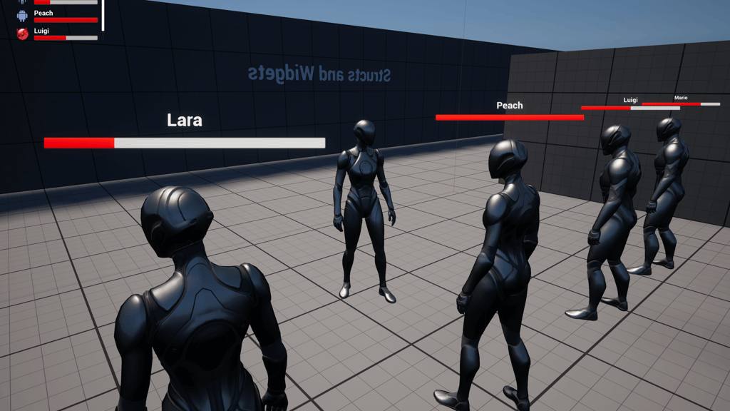 Unreal Engine 5 mannequins standing with health widget above their head with the showcasing their data in a UI List View