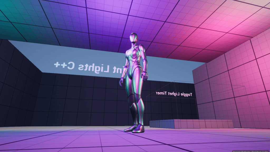 Unreal Engine 5 Quinn standing in the point light section of the GD Tactics gym