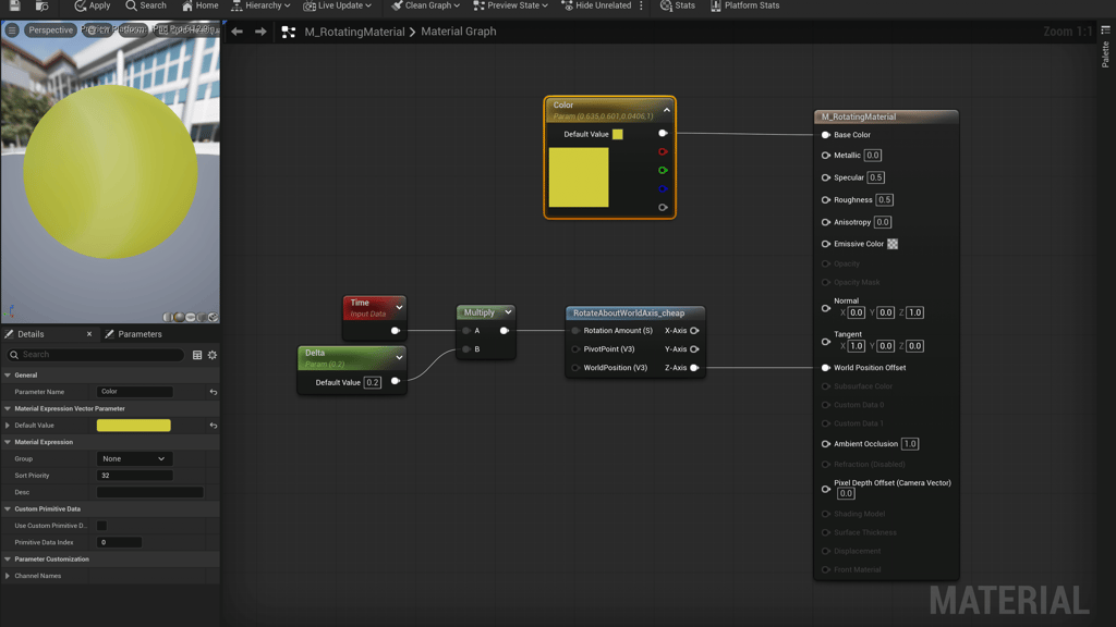 Unreal Engine 5 rotating material blueprint using RotateAboutWorldAxis_cheap