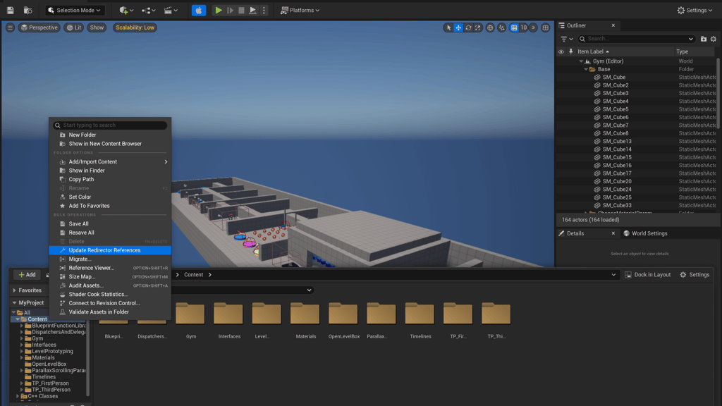 Unreal Engine 5 editor with Update Redirector References option highlighted