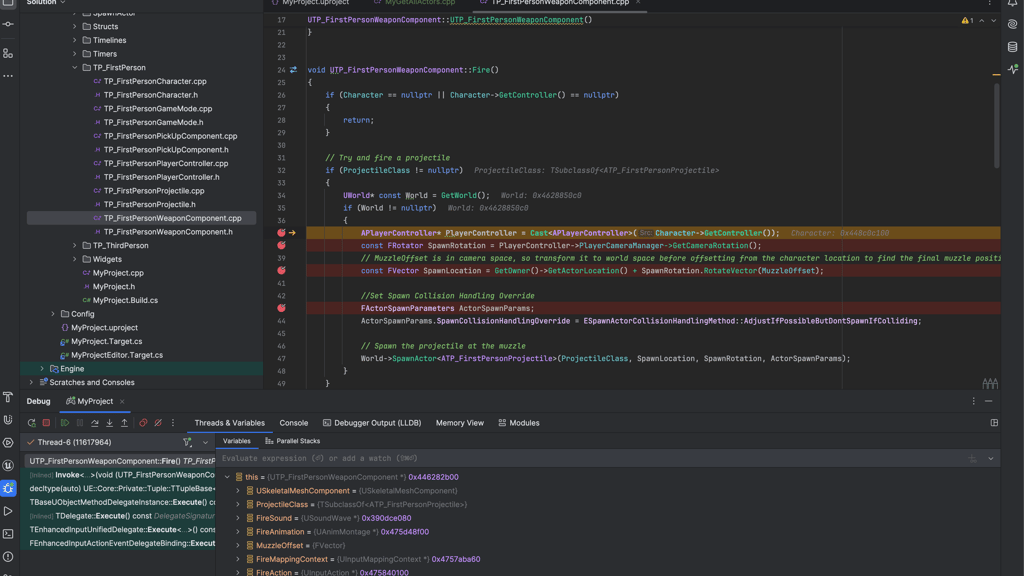 Rider IDE Unreal C++ code running in debug mode with multiple breakpoints highlighted