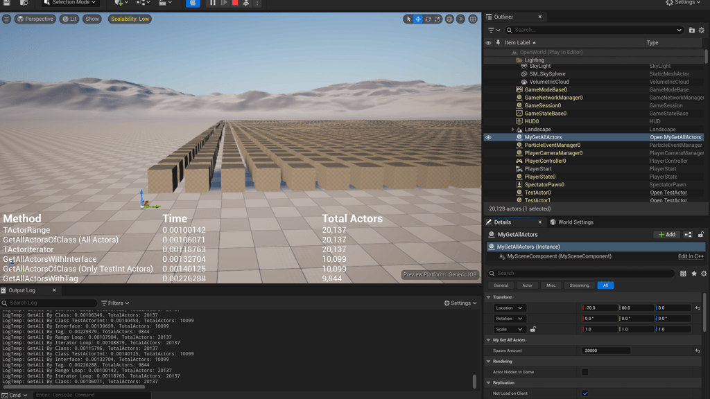 Unreal Engine 5 20000 cubes in the open world template level testing get all actor functions