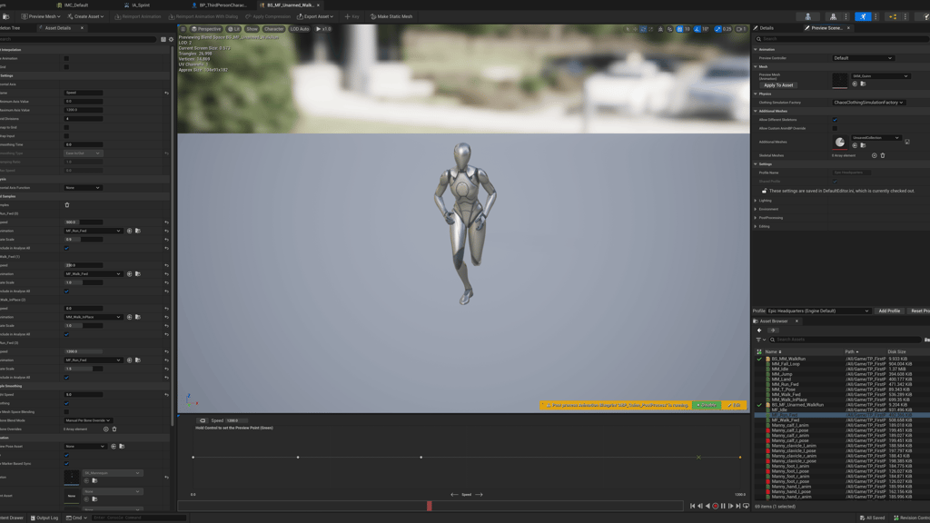 Unreal Engine 5 BS_MF_Unarmed_WalkRun Blend Space 1D editor screen Quinn as the Skeletal Mesh