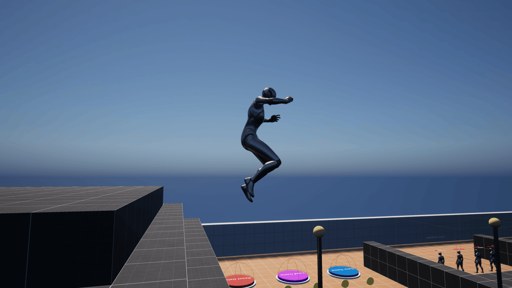 Unreal Engine 5 Quinn jumping off a ledge in the gym showcasing coyote time