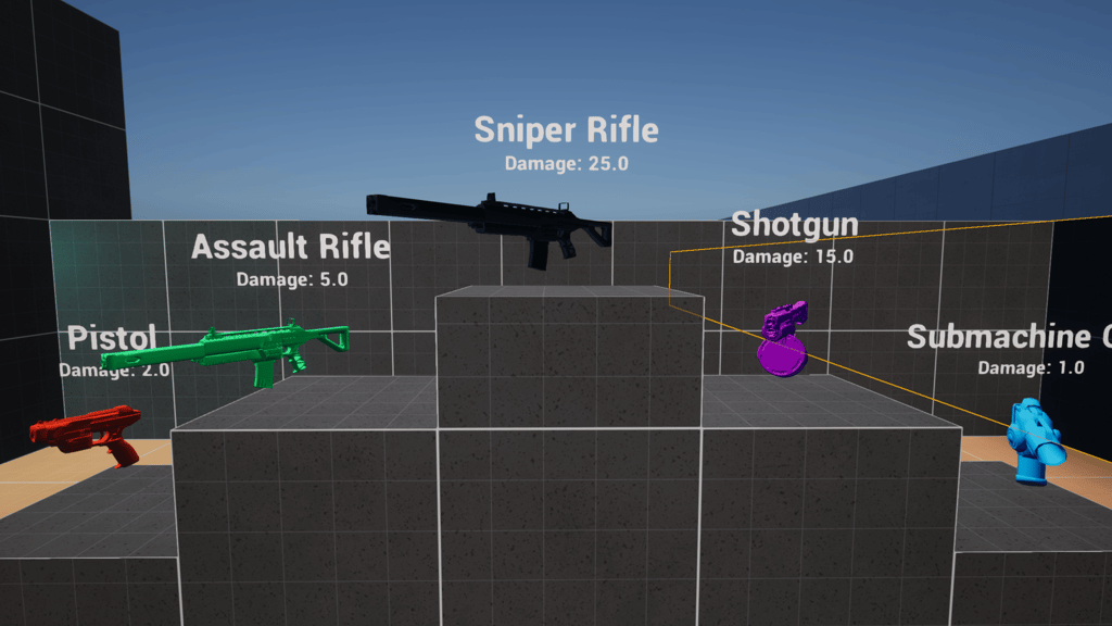 Unreal Engine 5 weapons pedestal showcasing the data table example