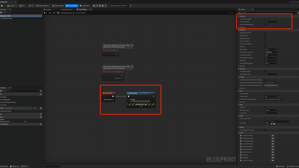 Unreal Engine Blueprint with Tick Interval printing string