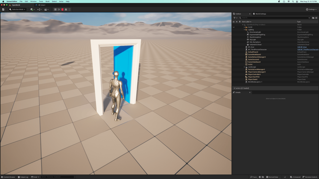 UE5 scene with BP_Door opened in front of the default ThirdPerson character