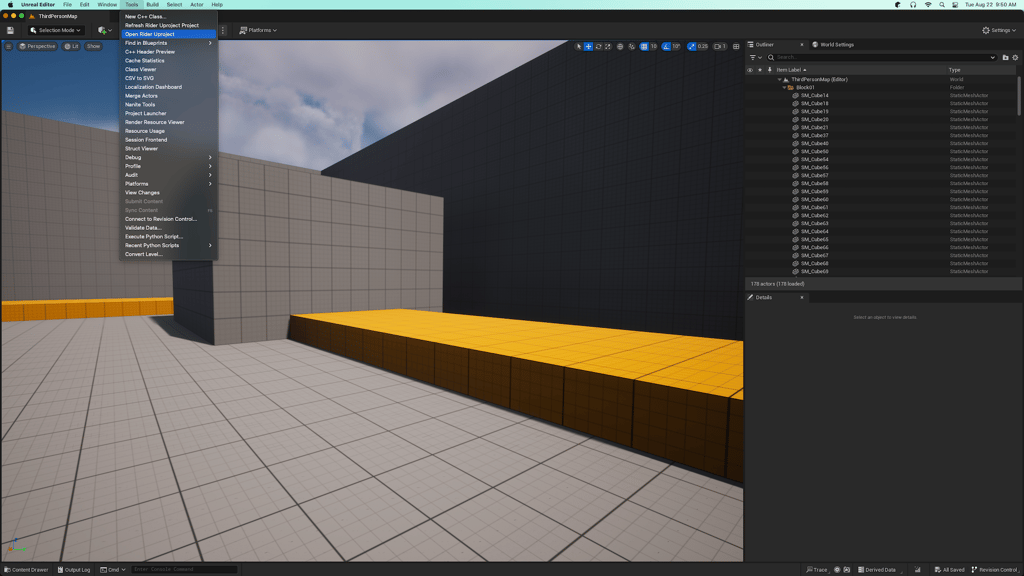 Unreal Engine 5 with the Tools dropdown open and the Open Rider Uproject selection highlighted