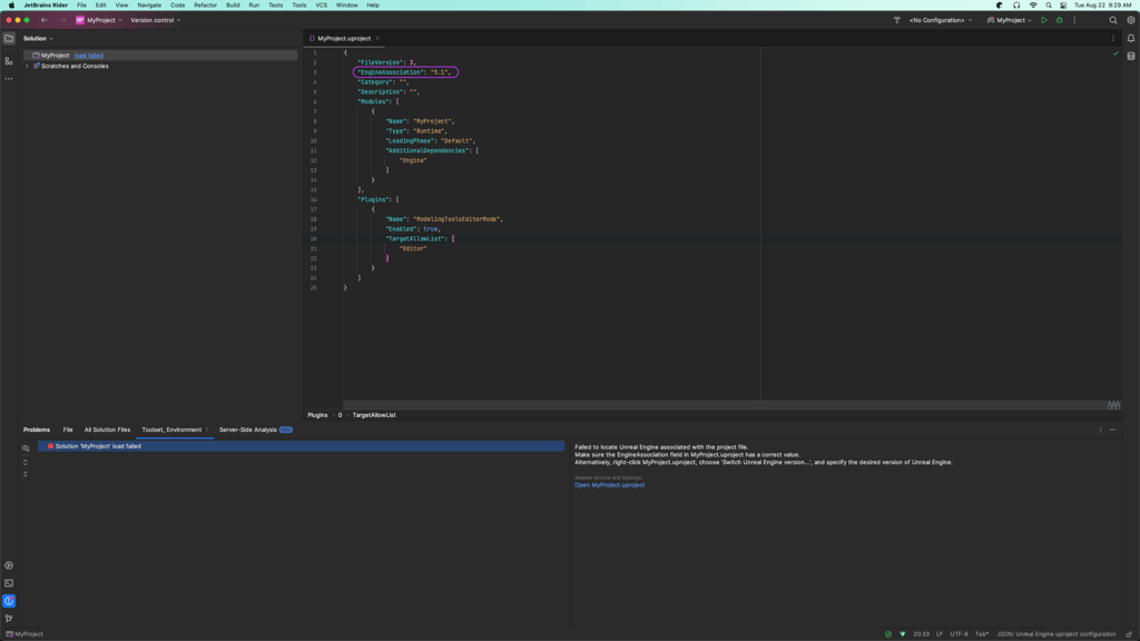 Unreal .uproject json data with the EngineAssociation field highlighted with the value of 5.1