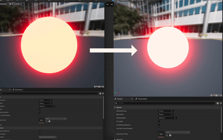 Unreal Engine 5 orange glowing material to a red glowing material