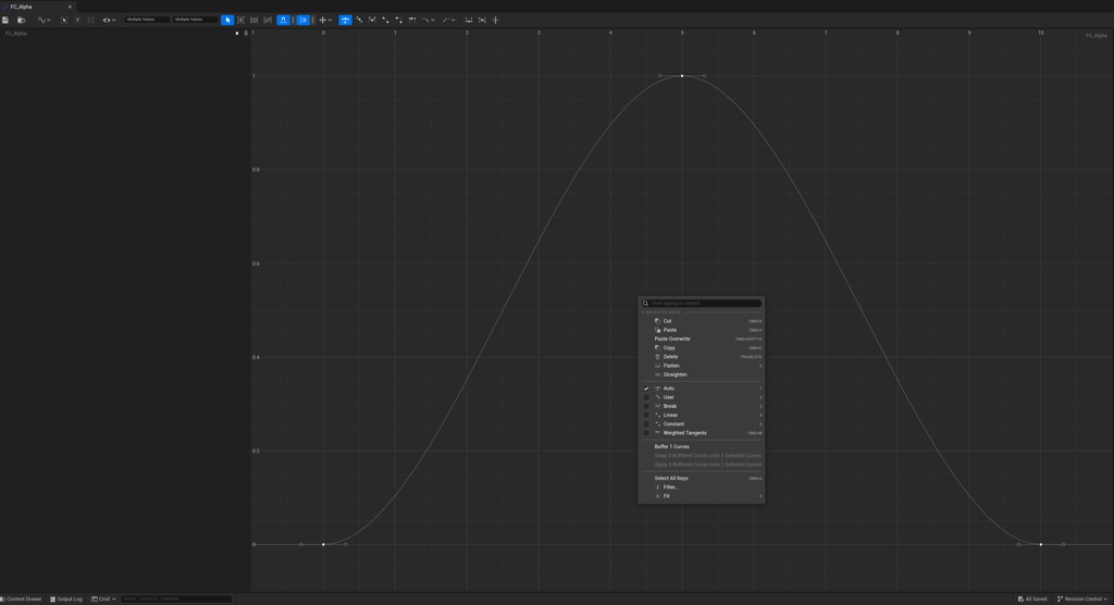 Unreal Engine 5 float curve with three keys auto smoothing from zero to one to zero