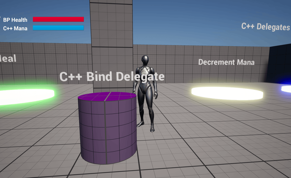 Unreal Engine 5 Quinn mannequin standing next to a Blueprint inheriting from the bind delegate actor