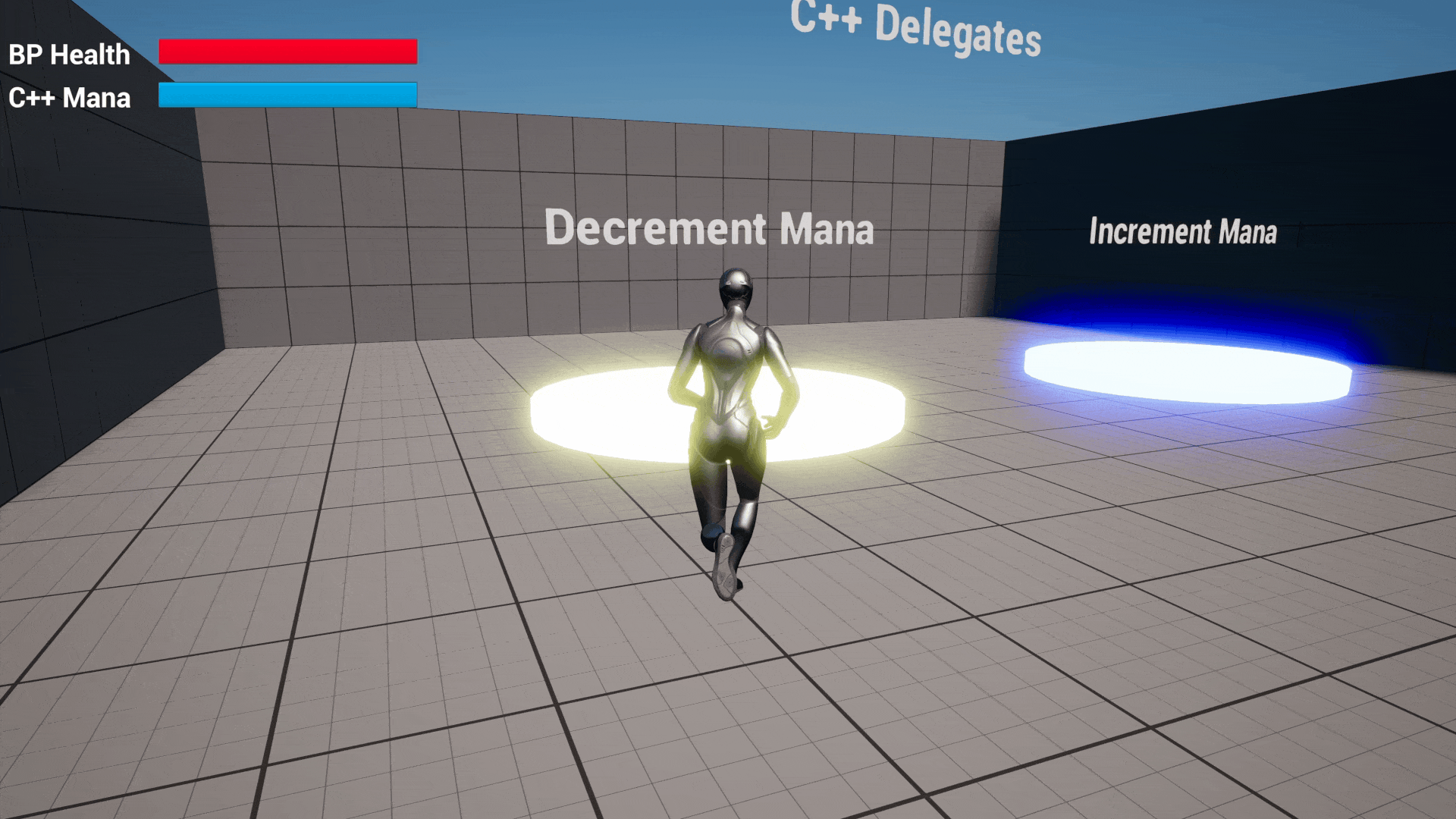 Unreal Engine 5 character running to two glowing platforms to decrement and increment the player's mana value