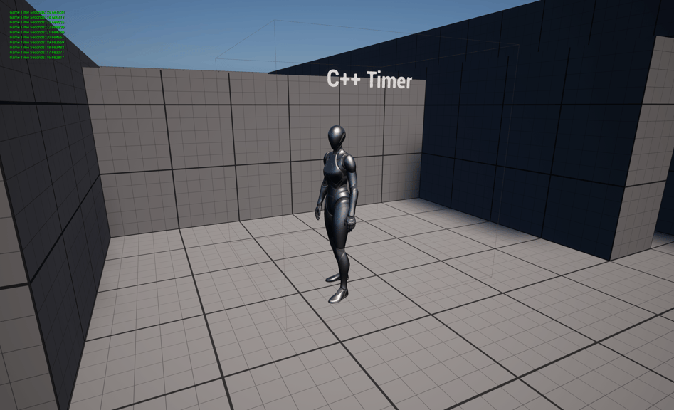 Unreal Engine 5 Quinn standing inside the C++ timer trigger box