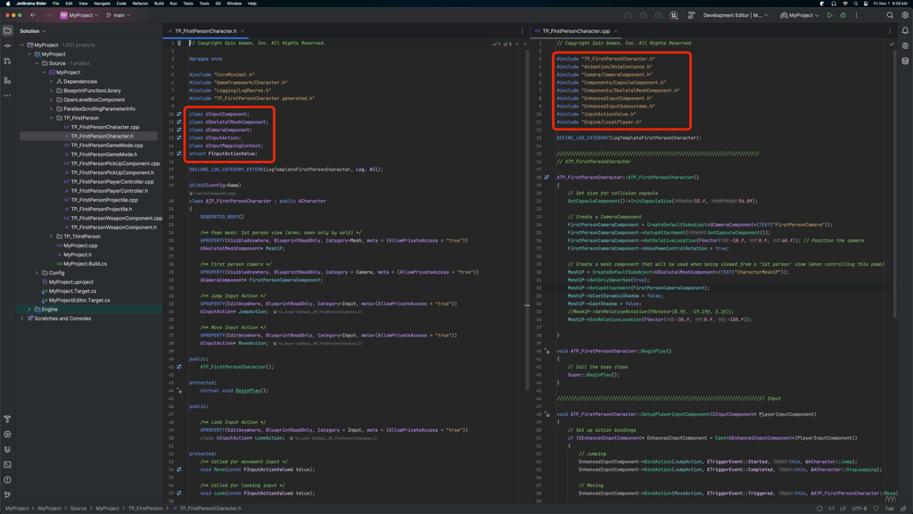 Rider TP First Person Character .h and .cpp files side by side highlighting forward declaration