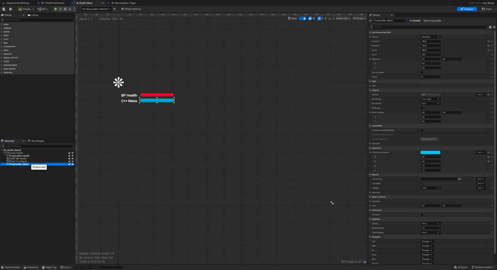 Unreal Engine 5 user widget designer with health and mana progress bars