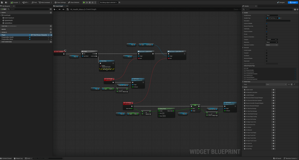 Unreal Engine 5 user widget graph with health and mana bindable events