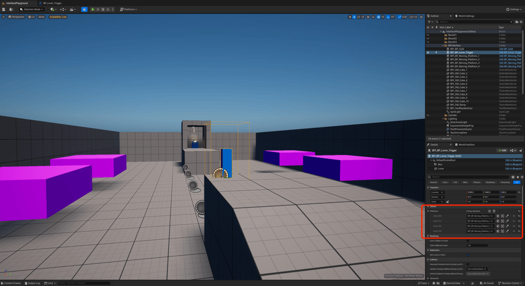 Unreal Engine 5 Blueprint Interface playground with lever highlighted with platform variables