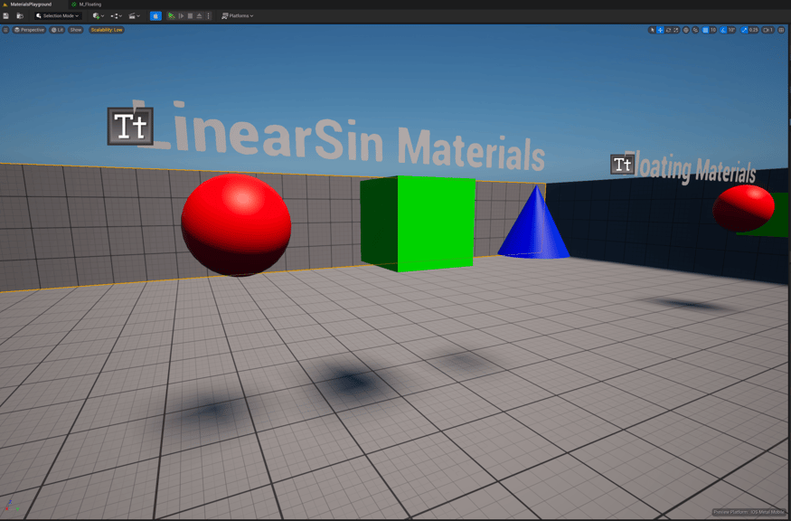 Unreal Engine 5 test level with playground materials focused on LinearSin materials