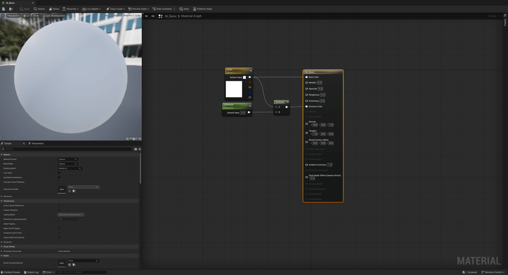 Unreal Engine 5 m_basic material with color and emissive parameters