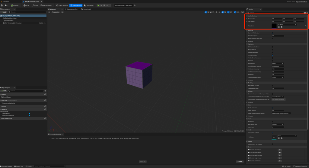 Unreal Engine 5 Blueprint for the My_Timeline_Actor with it's Alpha Curve variable