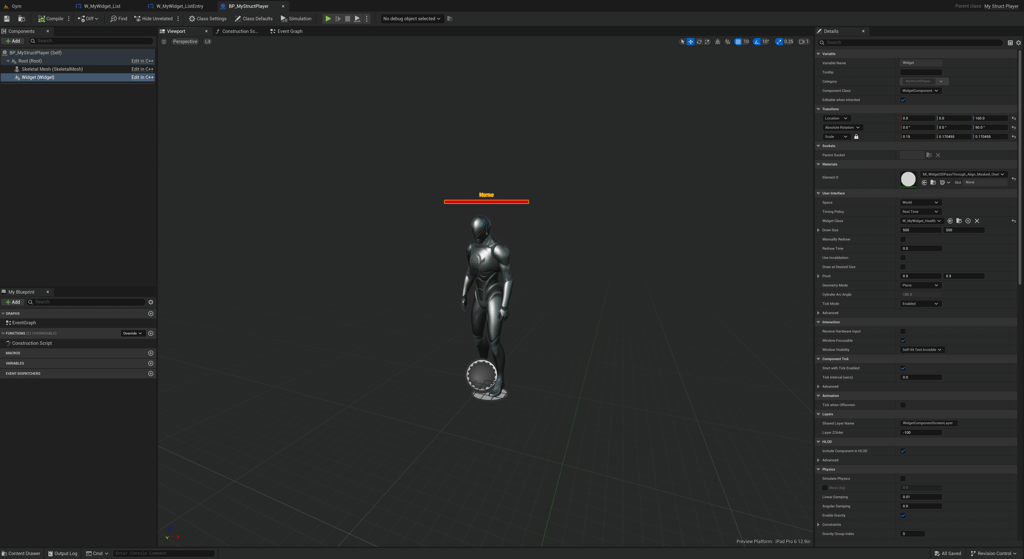 Unreal Engine 5 Blueprint viewport of BP_MyStructPlayer