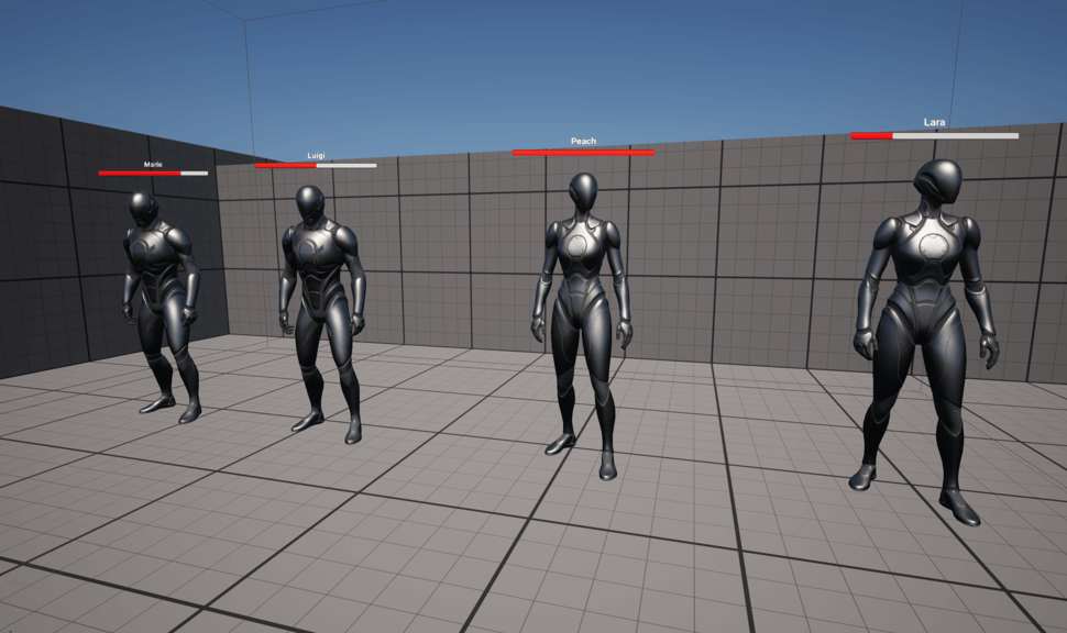 Unreal Engine 5 two Manny and two Quinn skeletal mesh blueprints standing in a line with different names and health percentages