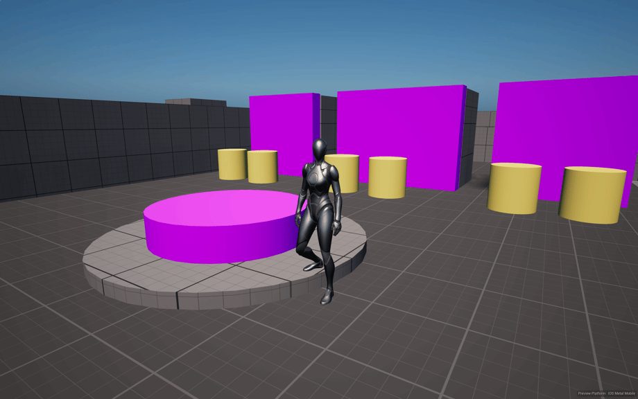 Unreal Engine 5 Quinn mannequin standing in front of the C++ interface demo playground