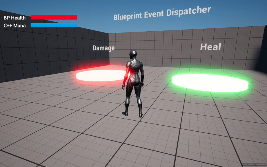 Unreal Engine 5 Blueprint event dispatcher playground level with damage and healer platforms