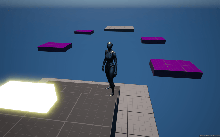 Unreal Engine 5 Quinn mannequin standing at the end of the timeline moving platforms demo