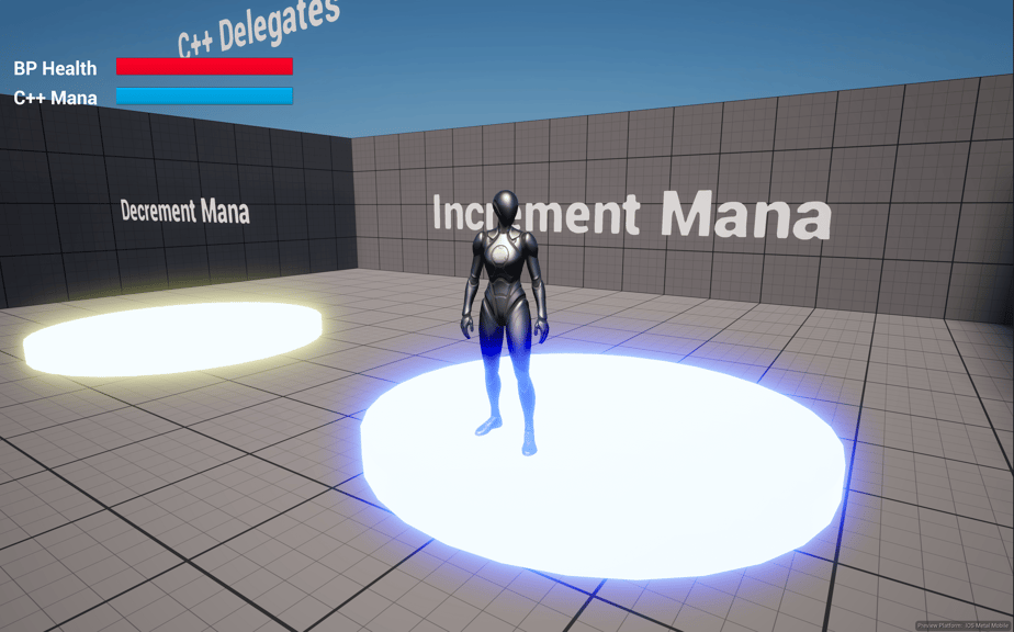 Unreal Engine 5 Quinn mannequin standing on the increment mana platform inside the delegate playground