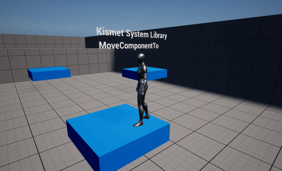 Unreal Engine 5 Quinn standing on a moving platform inside the movecomponentto gym