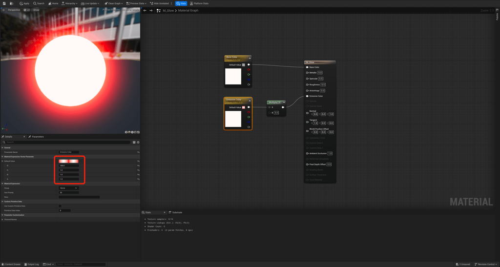 Unreal Engine 5 red emissive material with values set to 100, 1, 1