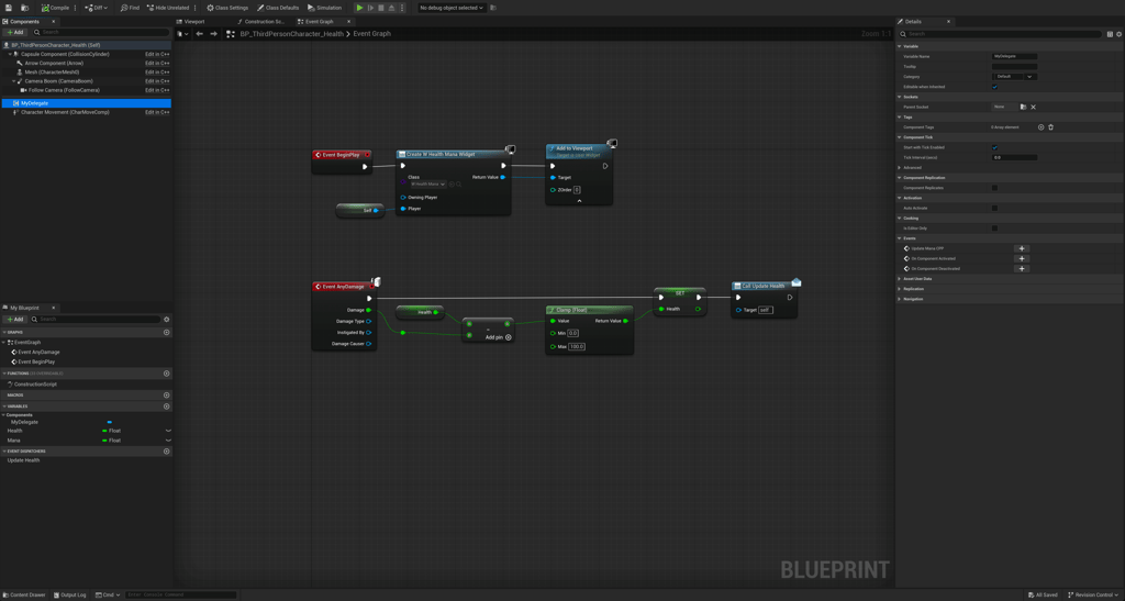 Unreal Engine 5 third person character template Blueprint with MyDelegate component added