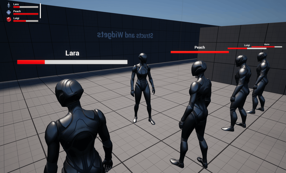 Unreal Engine 5 mannequins standing with health widget above their head with the showcasing their data in a UI List View