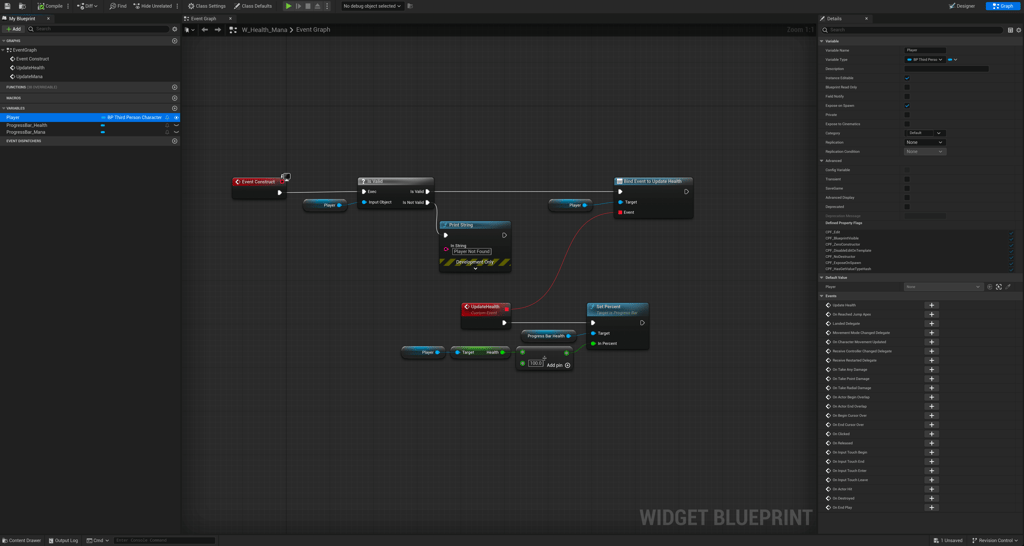 Unreal Engine 5 User Widget for event dispatcher example that updates health progress bar