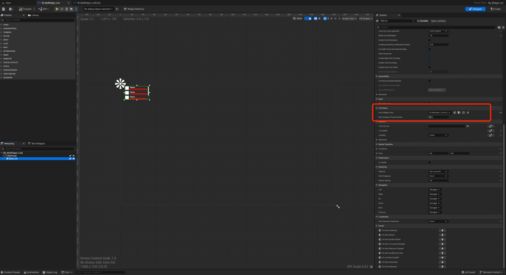 Unreal Engine 5 user widget W_MyWidget_List with entry class circled in red