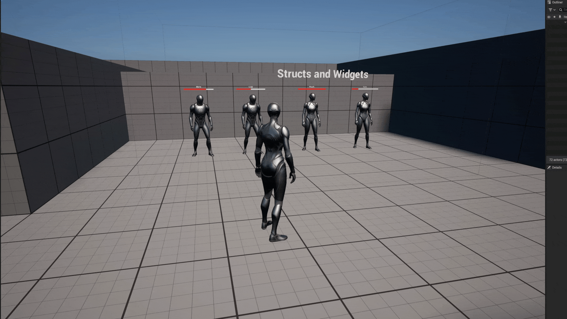 Unreal Engine 5 Quinn triggering the user widget list view with all the mannequin players in a line