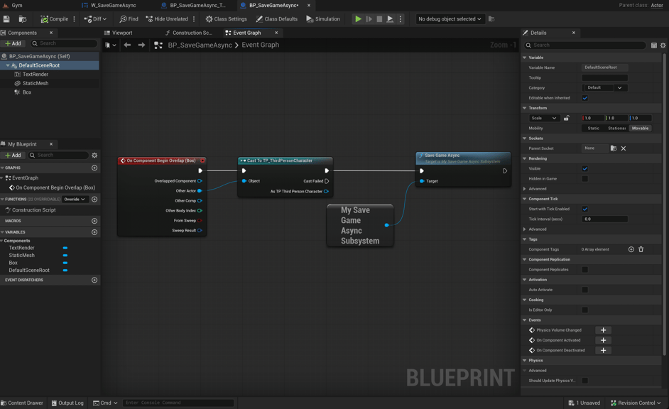 Unreal Engine 5 BP_SaveGameAsync Blueprint Event Graph showing the visual logic to tigger the SaveGameAsync function