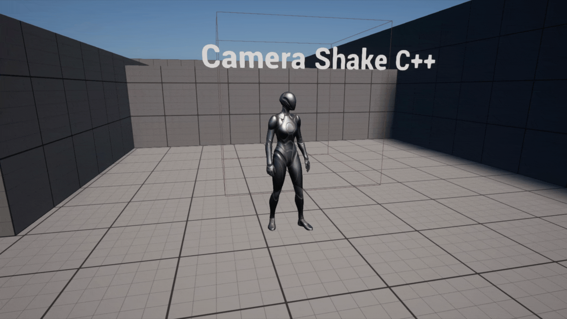 Unreal Engine 5 Quinn running into the box collision that triggers the camera shake inside the gym