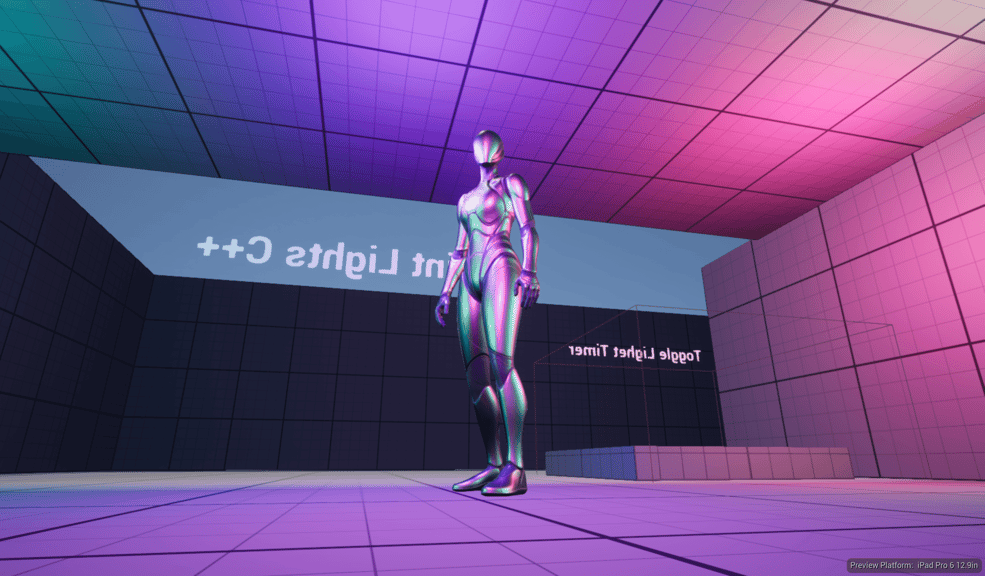 Unreal Engine 5 Quinn standing in the point light section of the GD Tactics gym