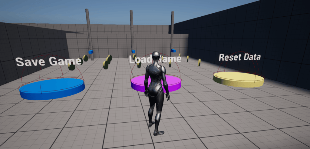 Unreal Engine 5 Quinn standing in front of a new game instance of the save section of the gym