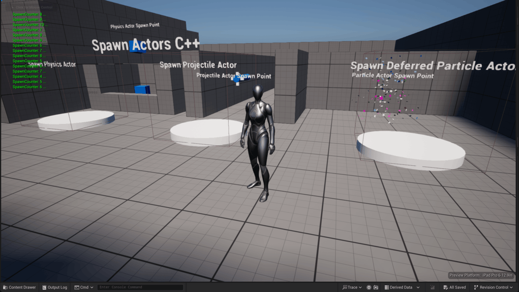 Unreal Engine 5 Quinn standing in front of the GD Tactics Gym Spawn Actors section