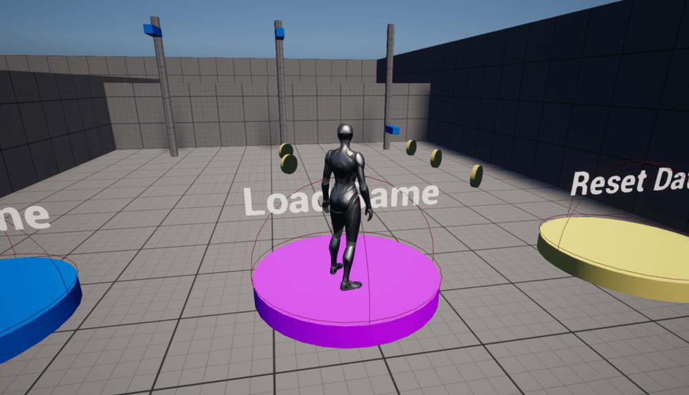 Unreal Engine 5 Quinn standing on the Load Game platform indicating the saved data has been restored