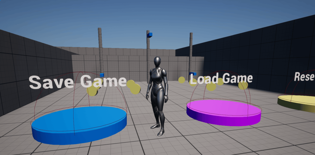 Unreal Engine 5 Quinn standing next to save and load platforms with coins and test flag poles behind her